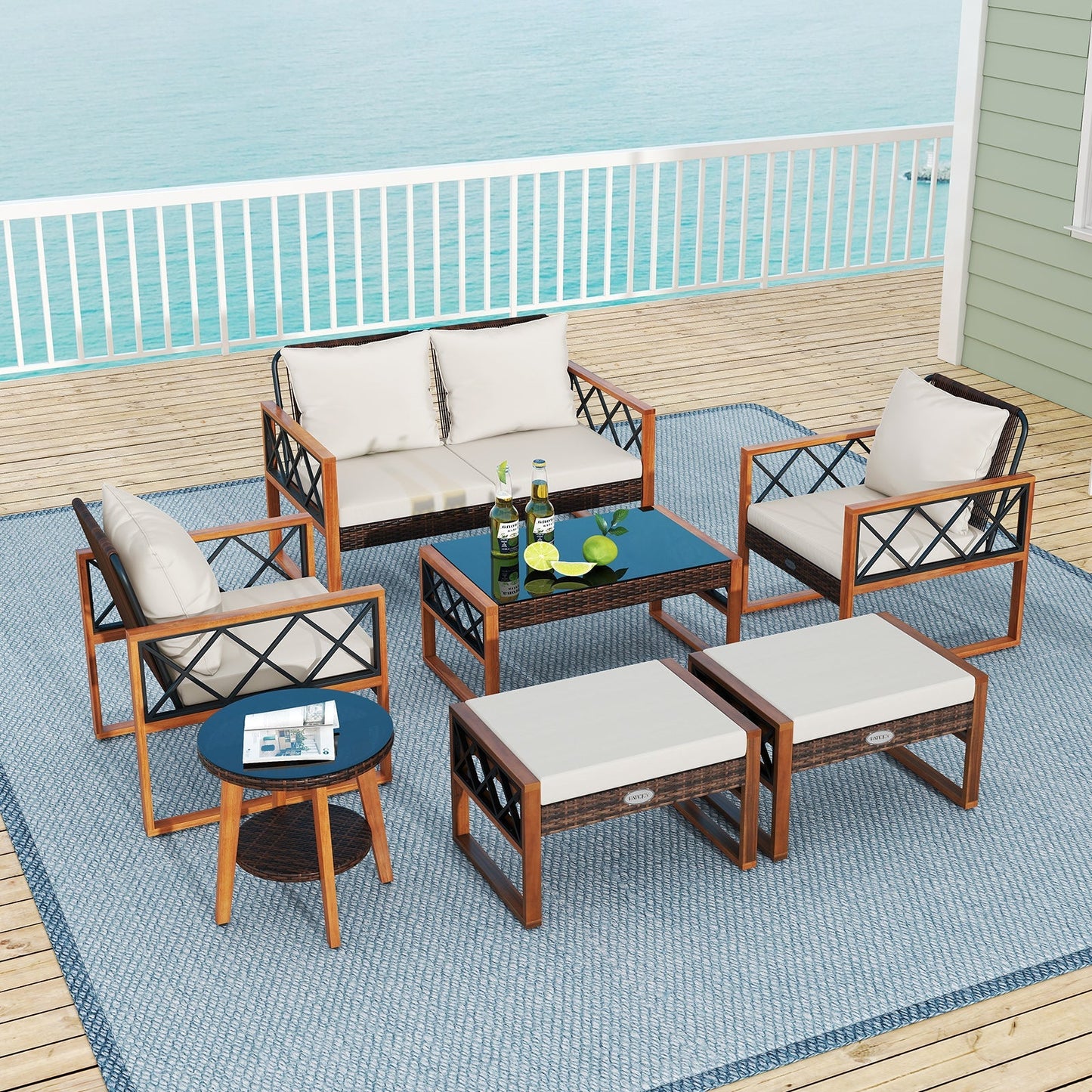 7-Piece Patio Conversation Set with PE Wicker & Acacia Wood