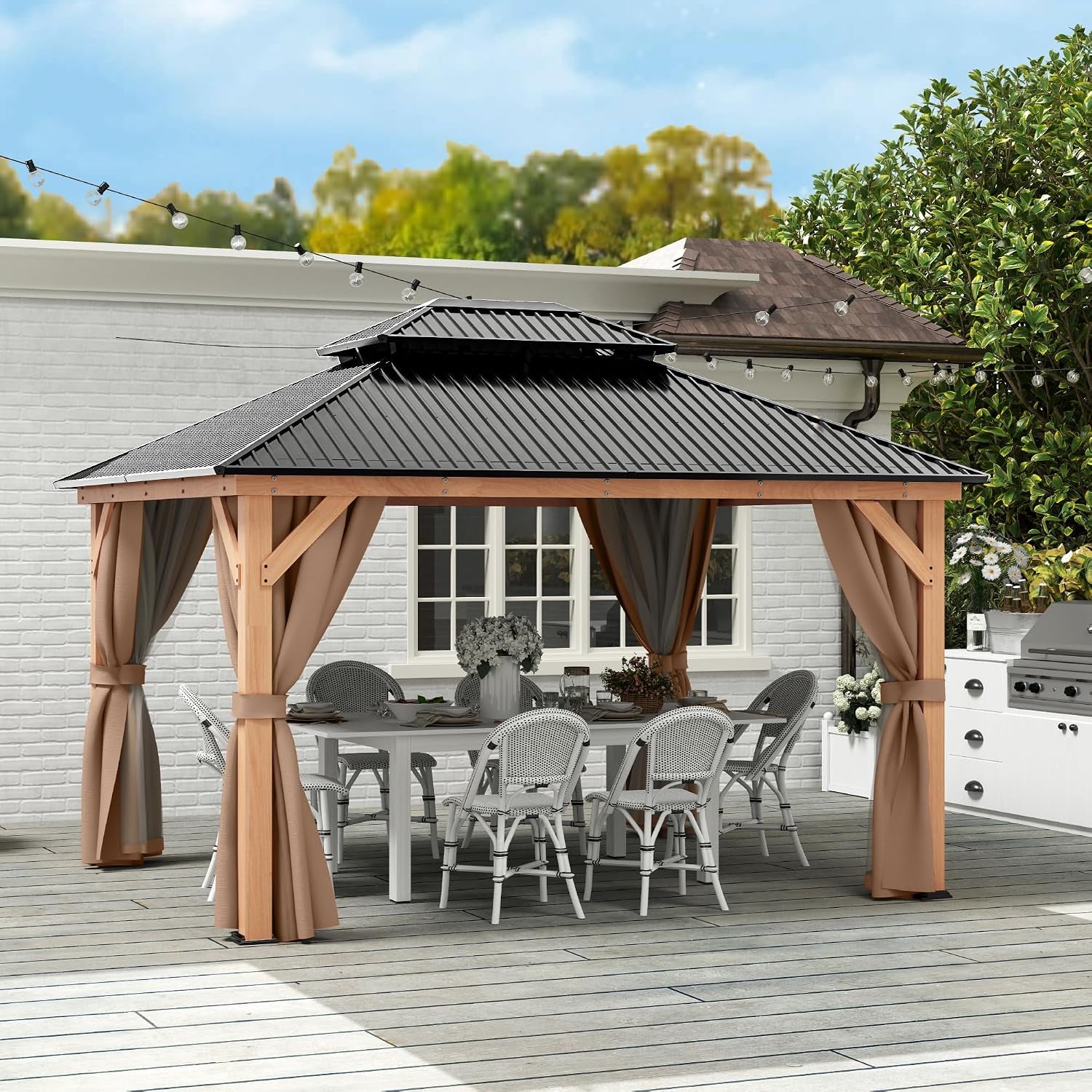 11X13 Wood Gazebo, Outdoor Hardtop Gazebo with Netting and Curtains, Double Galvanized Steel Roof, Deck Hard Top for Backyard, Patio (Brown)