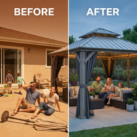 12' X 14' Wood Gazebo, Outdoor Hardtop Gazebo with Wood Posts and Galvanized Steel Doule Roof, Wooden Frame Gazebos with Netting and Curtains for Patio, Backyard, Deck Garden — Before & After