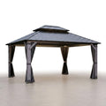 Wood Gazebo Built for Year-Round Outdoor Use, 12x14 Cedar Frame, Steel Double Roof, Netting & Curtains