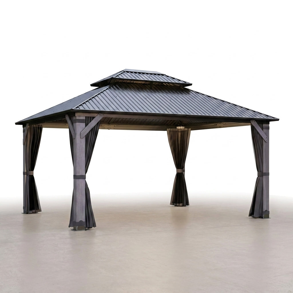 12' X 14' Wood Gazebo, Outdoor Hardtop Gazebo with Wood Posts and Galvanized Steel Doule Roof, Wooden Frame Gazebos with Netting and Curtains for Patio, Backyard, Deck Garden — Studio Shot