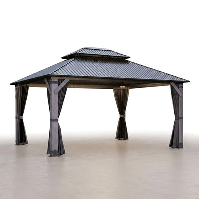 Wood Gazebo Built for Year-Round Outdoor Use, 12x14 Cedar Frame, Steel Double Roof, Netting & Curtains