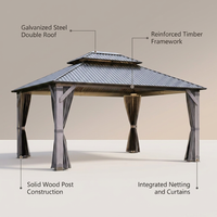 12' X 14' Wood Gazebo, Outdoor Hardtop Gazebo with Wood Posts and Galvanized Steel Doule Roof, Wooden Frame Gazebos with Netting and Curtains for Patio, Backyard, Deck Garden — infographic