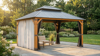 12' X 14' Wood Gazebo, Outdoor Hardtop Gazebo with Wood Posts and Galvanized Steel Doule Roof, Wooden Frame Gazebos with Netting and Curtains for Patio, Backyard, Deck Garden — Lifestyle