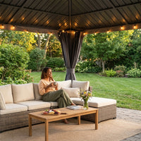 12' X 14' Wood Gazebo, Outdoor Hardtop Gazebo with Wood Posts and Galvanized Steel Doule Roof, Wooden Frame Gazebos with Netting and Curtains for Patio, Backyard, Deck Garden — Lifestyle
