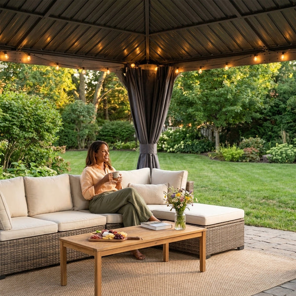 Wood Gazebo Built for Year-Round Outdoor Use, 12x14 Cedar Frame, Steel Double Roof, Netting & Curtains