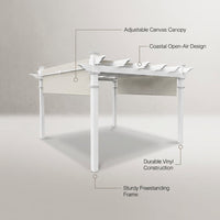 120"L X 120"W X 108"H Vinyl Malibu Canopy Pergola, White, VA42057 — infographic