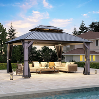 Wood Gazebo Built for Year-Round Outdoor Use, 12x14 Cedar Frame, Steel Double Roof, Netting & Curtains