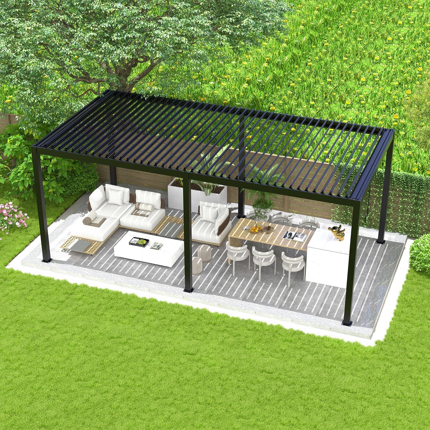 Louvered Pergola with Aluminum Frame & Steel Roof – Black