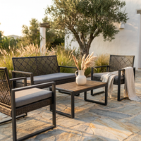 4-Piece Wicker Patio Conversation Set with Cushion, Outdoor Patio Furniture Set with Wood Table Top-Grey Cushions — Studio Shot
