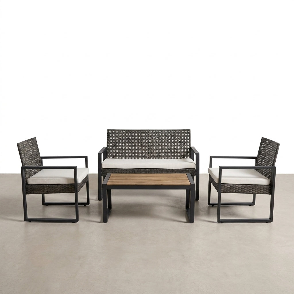 4-Piece Wicker Patio Conversation Set with Cushion, Outdoor Patio Furniture Set with Wood Table Top-Grey Cushions — Studio Shot