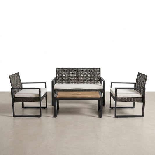 4-Piece Wicker Patio Conversation Set with Cushion, Outdoor Patio Furniture Set with Wood Table Top-Grey Cushions — Studio Shot