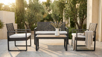 4-Piece Wicker Patio Conversation Set with Cushion, Outdoor Patio Furniture Set with Wood Table Top-Grey Cushions — Lifestyle