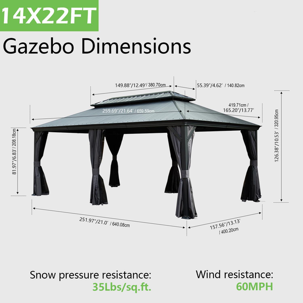Hardtop Gazebo with Resin Roof, Curtains & Netting – 14' × 22'