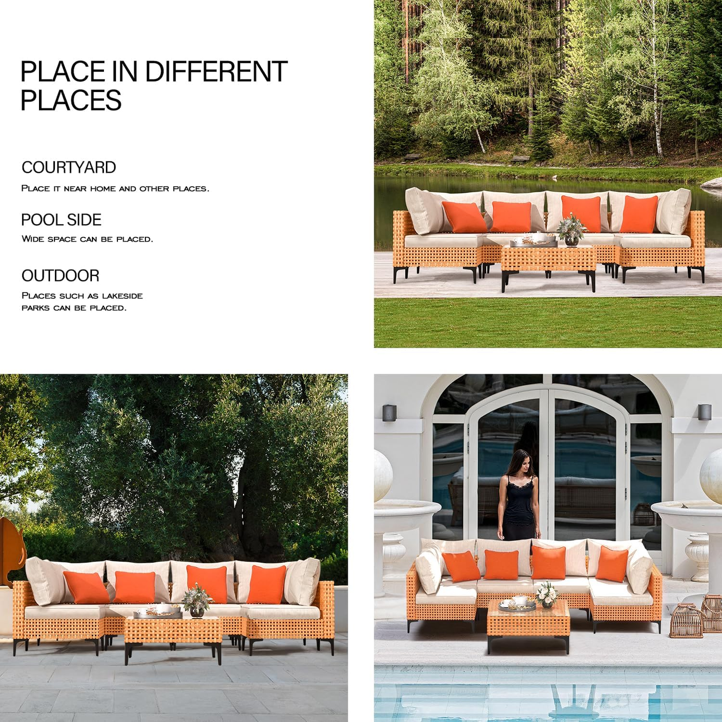 5 Piece Outdoor Patio Furniture Set Modular Outdoor Furniture Set Wicker Outdoor Sectional Sofa with Cushions and Table Patio Set for Balcony Porch Deck Yard ( (Salmon&Orange Wicker, Sand Cushion))