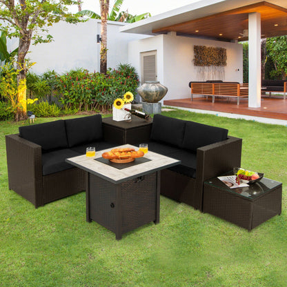 5-Piece PE Wicker Patio Conversation Set with 30-Inch Gas Fire Pit