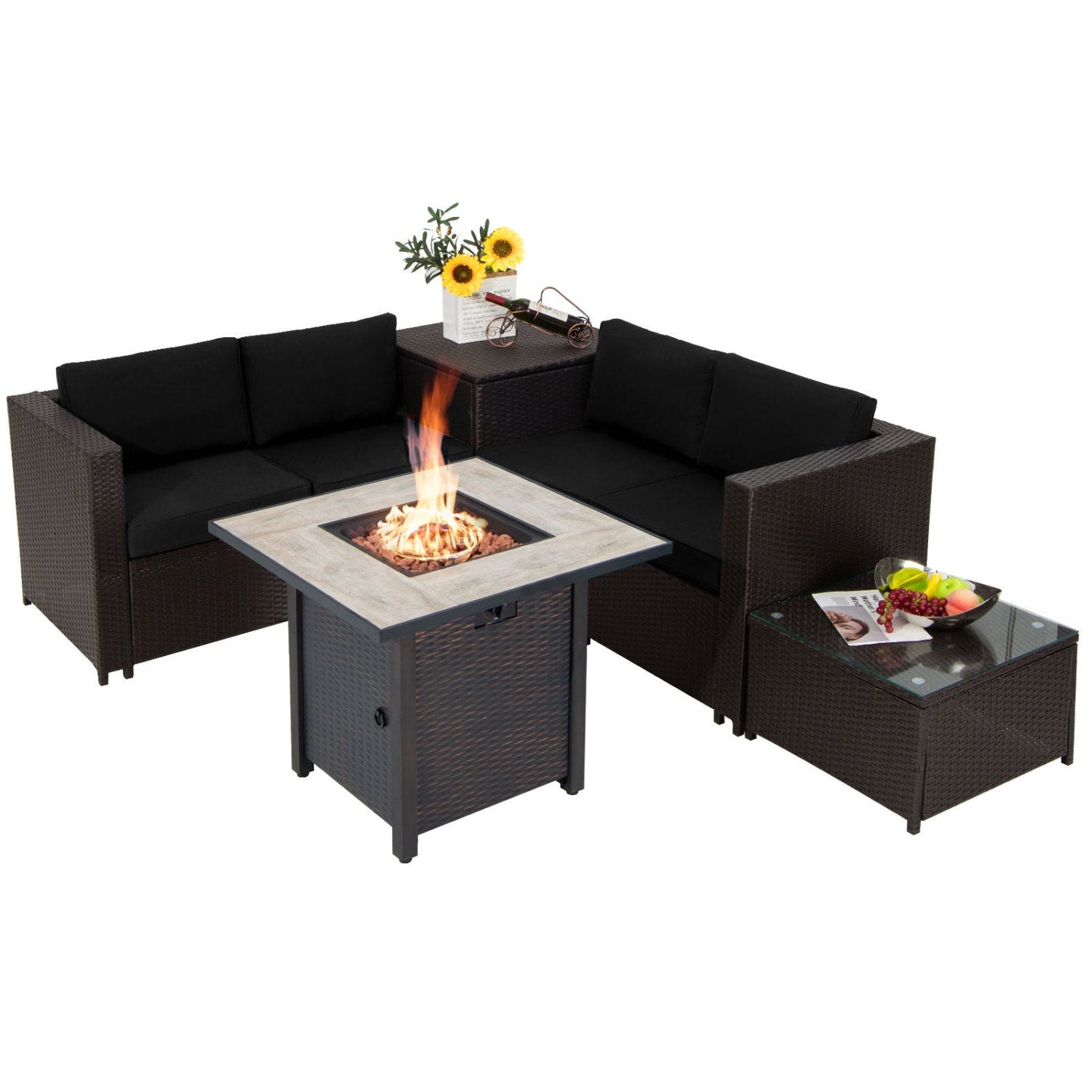 5-Piece PE Wicker Patio Conversation Set with 30-Inch Gas Fire Pit