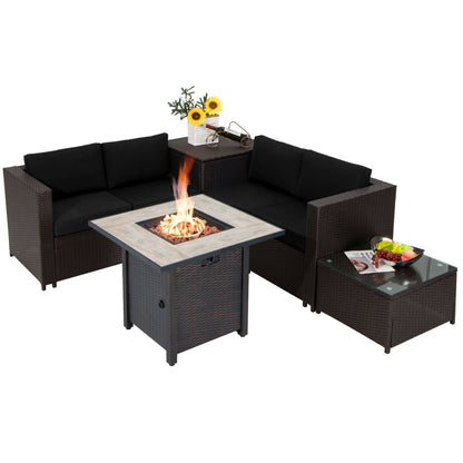 5-Piece PE Wicker Patio Conversation Set with 30-Inch Gas Fire Pit