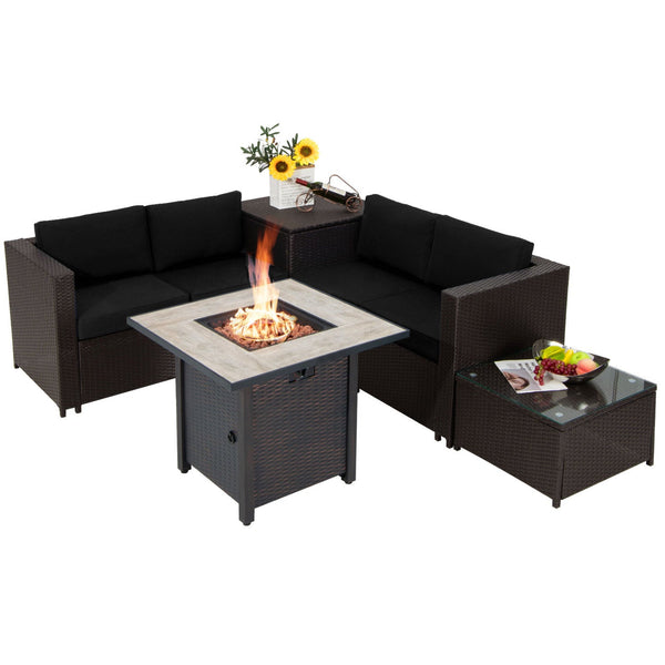 5-Piece PE Wicker Patio Conversation Set with 30-Inch Gas Fire Pit