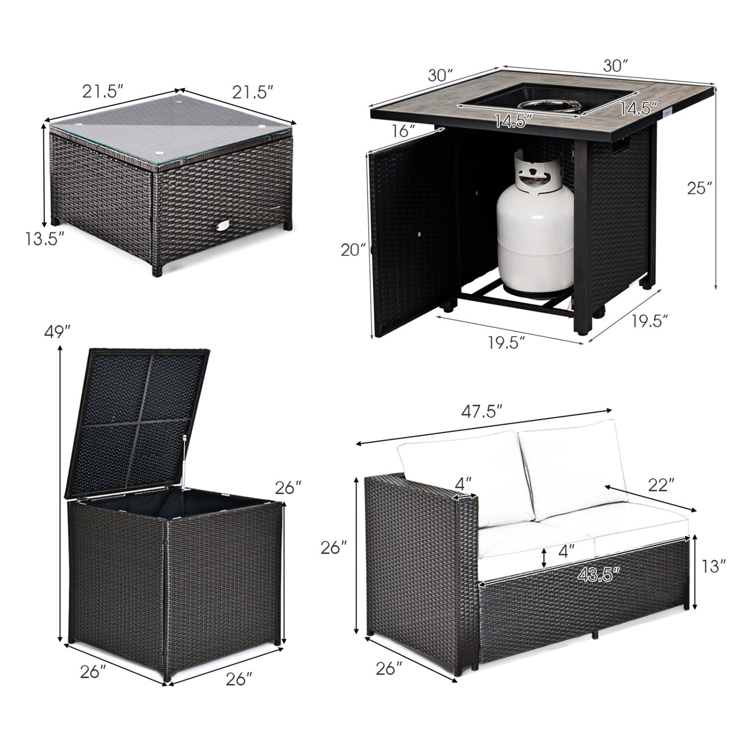 5-Piece PE Wicker Patio Conversation Set with 30-Inch Gas Fire Pit