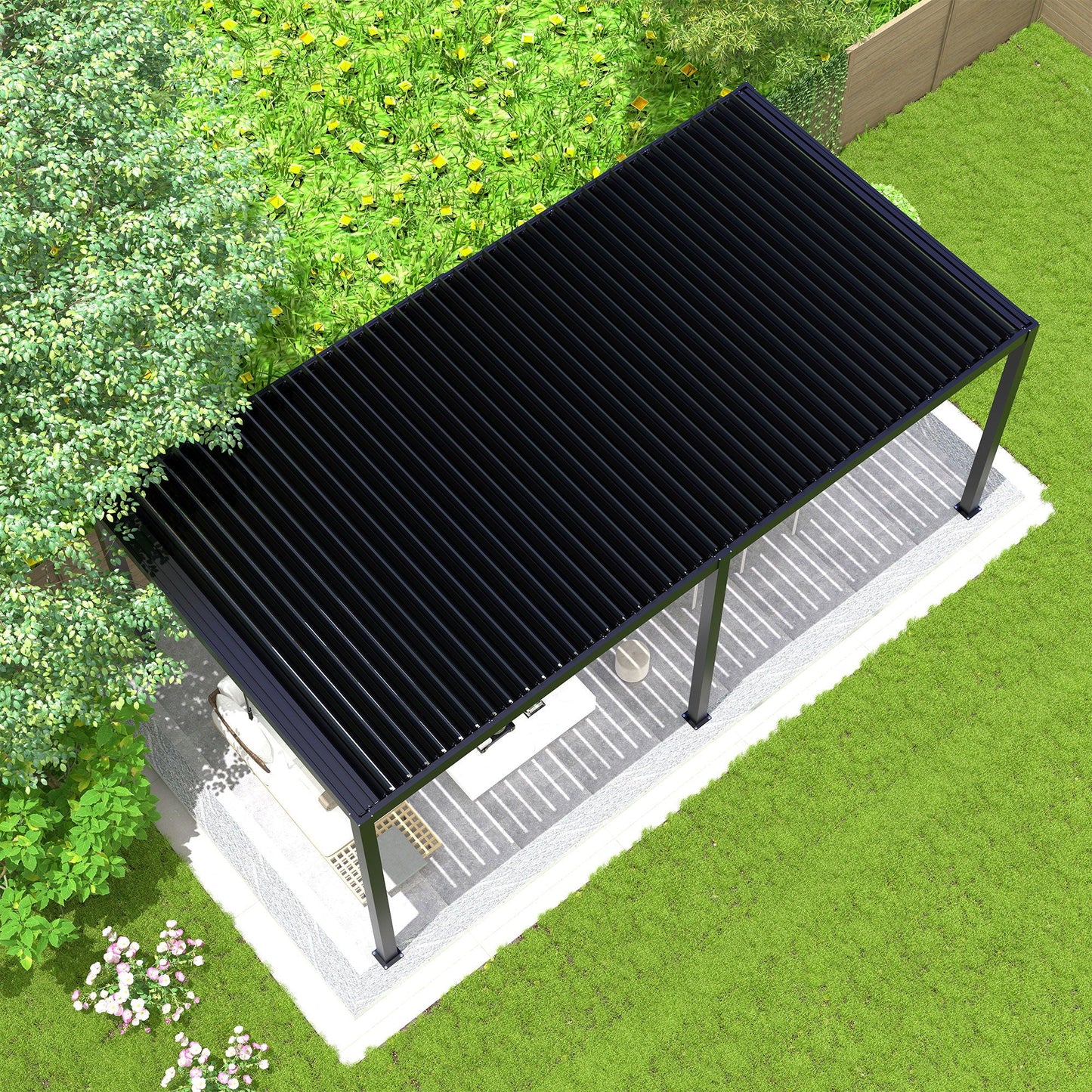 Louvered Pergola with Aluminum Frame & Steel Roof – Black
