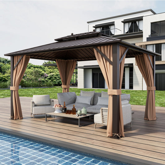 Hardtop Gazebo with Double Steel Roof – 10' × 13', Coffee