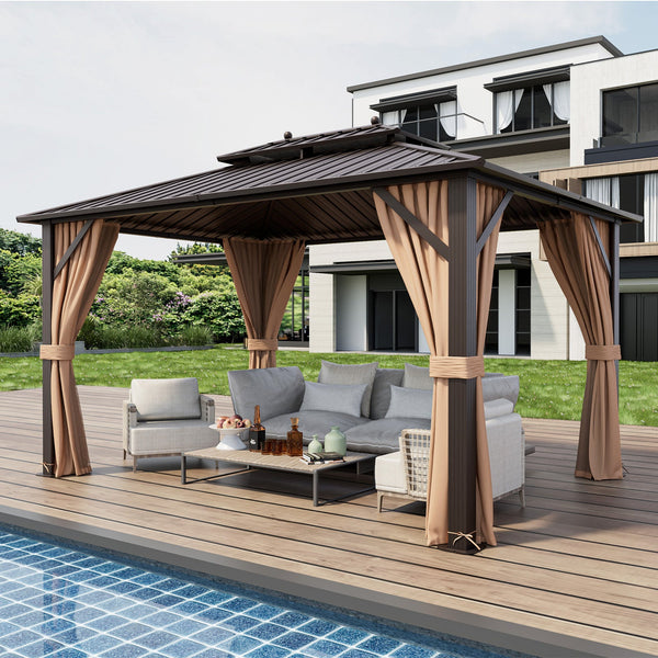 Hardtop Gazebo with Double Steel Roof – 10' × 13', Coffee