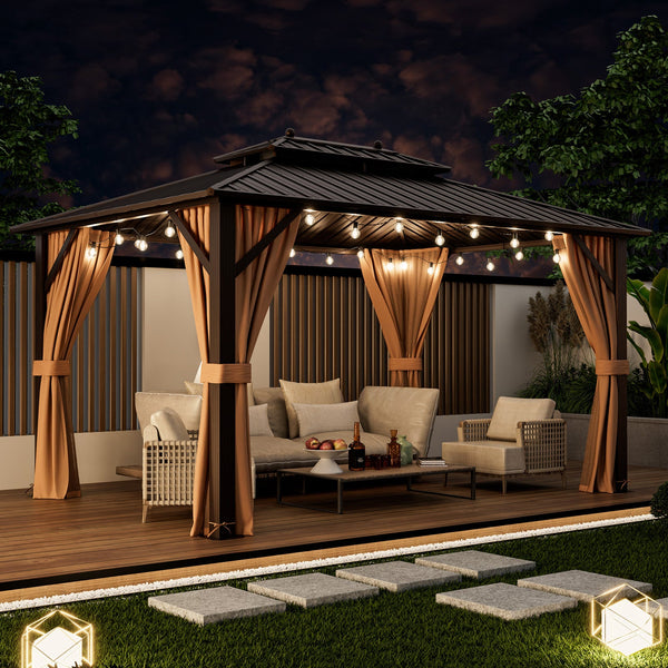Hardtop Gazebo with Double Steel Roof – 10' × 13', Coffee