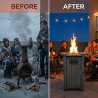 Outdoor Propane Fire Pit, 30000 BTU Column Propane Fire Pit, Wood-Look Surface — Before & After