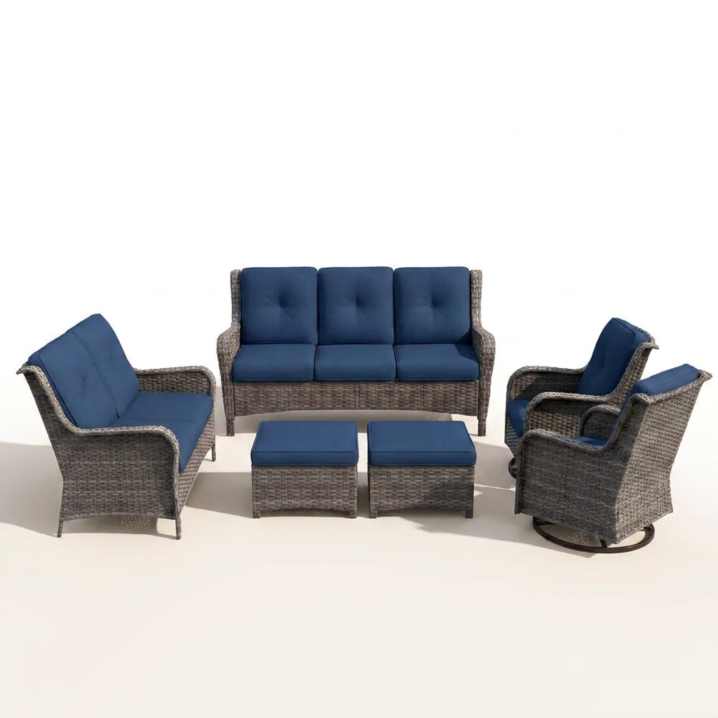 Patio Furniture Set 6-Piece Outdoor Patio Conversation Set with Blue Cushions Lawn Furniture — Studio Shot