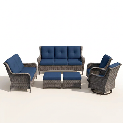 Outdoor Patio Furniture Set Built for All-Weather Gatherings, 6-Piece Conversation Set, Blue Cushions, Steel Frame