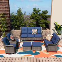 Outdoor Patio Furniture Set Built for All-Weather Gatherings, 6-Piece Conversation Set, Blue Cushions, Steel Frame