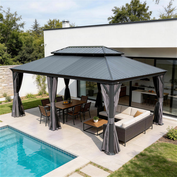 Hardtop Gazebo with Resin Roof, Curtains & Netting – 14' × 22'