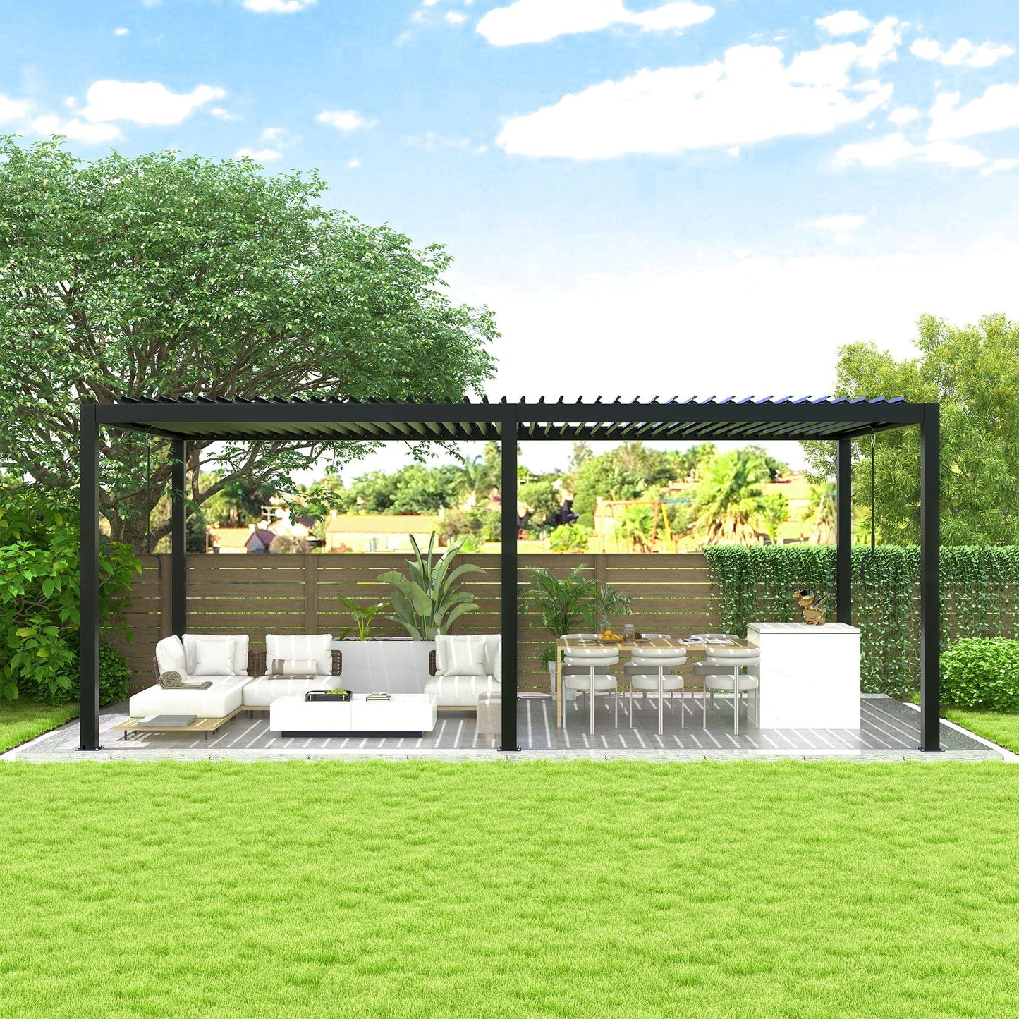 Louvered Pergola with Aluminum Frame & Steel Roof – Black