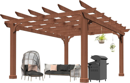 10' X 12' Patio Pergola, Cedar Wood Pergolas with Solid Structure, Pergola Kits, Outdoor Pergolas and Gazebos with Slatted Trellis Roof for Deck Backyard Grill Party Garden