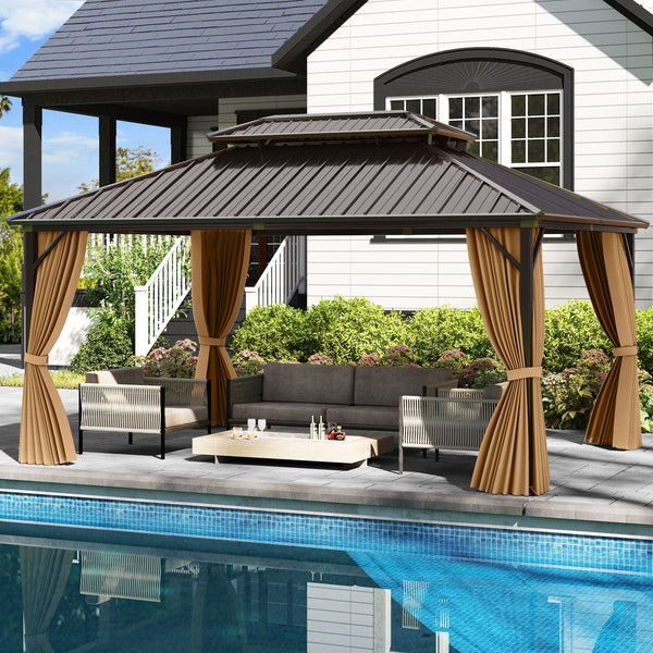 Hardtop Gazebo with Double Metal Roof – 12' × 16', Coffee