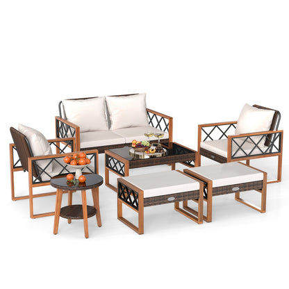 7-Piece Patio Conversation Set with PE Wicker & Acacia Wood