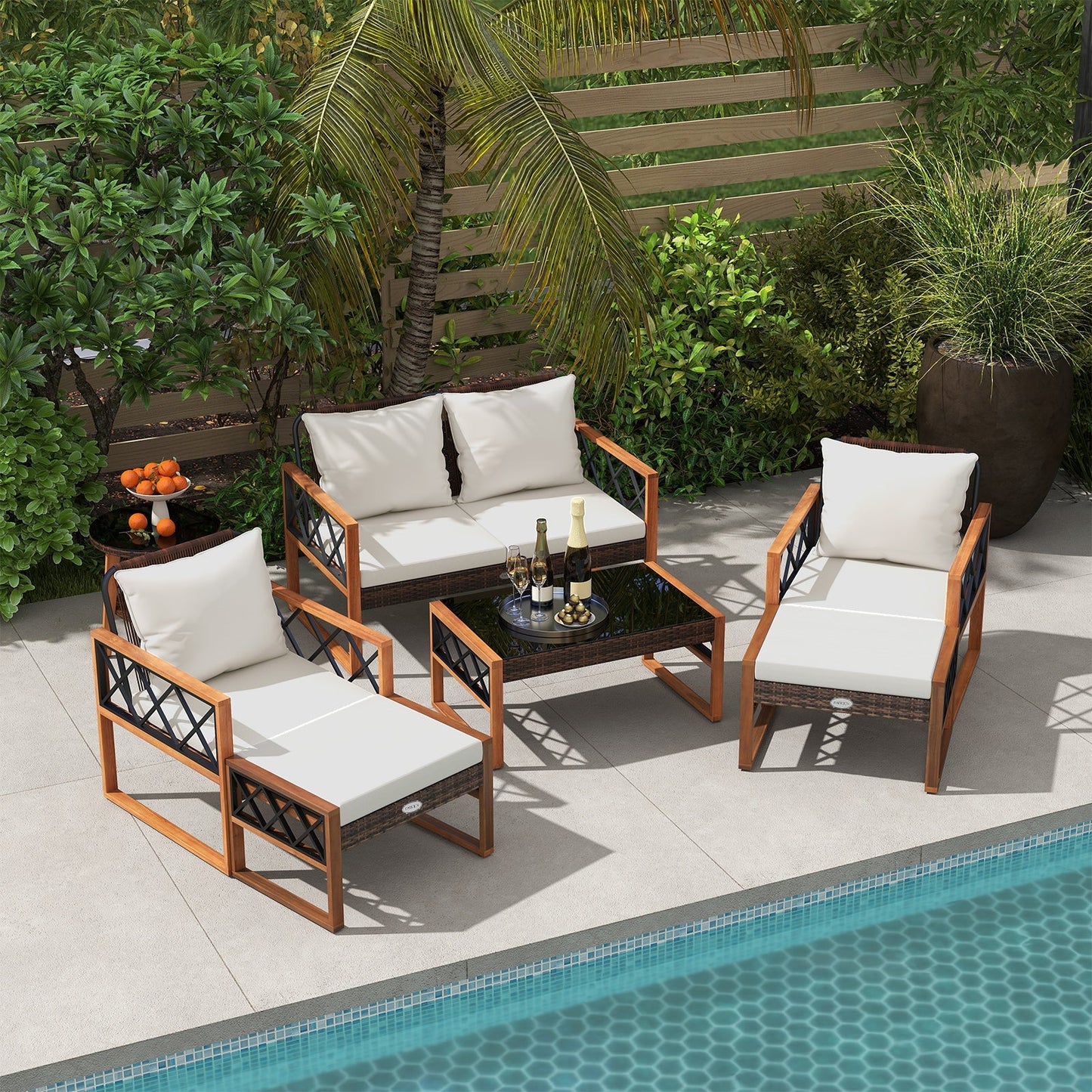7-Piece Patio Conversation Set with PE Wicker & Acacia Wood