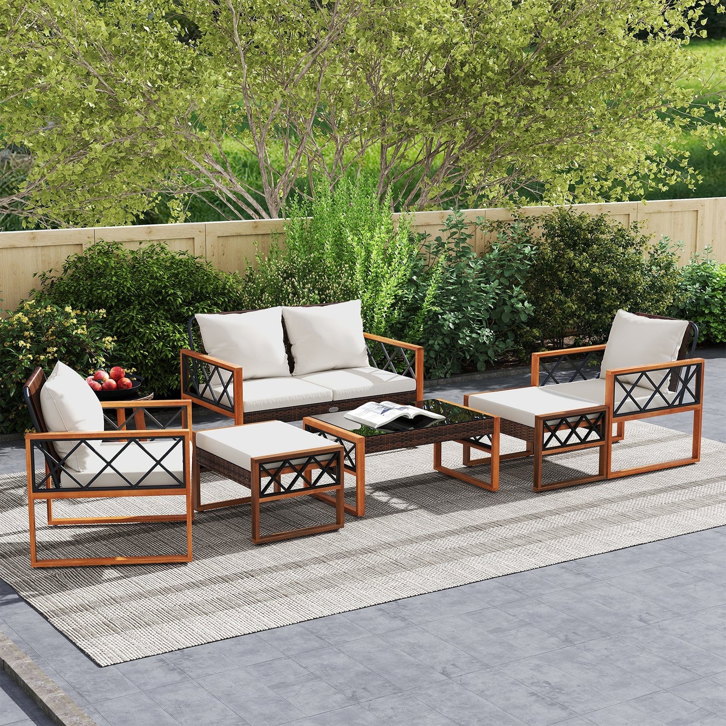 7-Piece Patio Conversation Set with PE Wicker & Acacia Wood