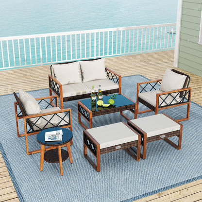 7-Piece Patio Conversation Set with PE Wicker & Acacia Wood