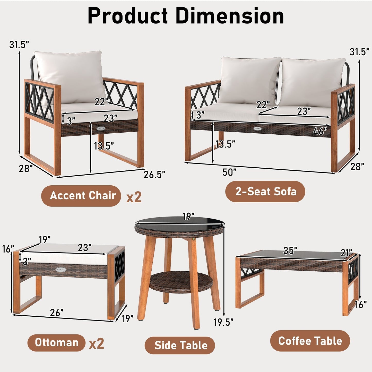 7-Piece Patio Conversation Set with PE Wicker & Acacia Wood